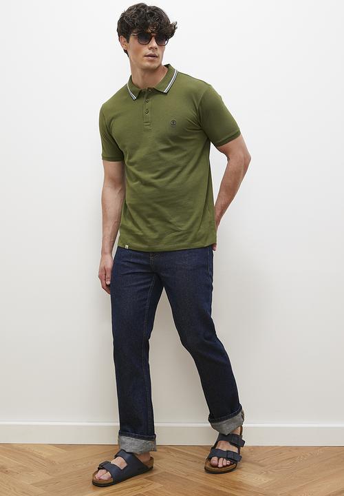 Lark & Crosse - Brian stripe collar golfer - olive
