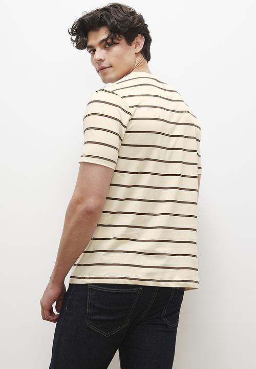 Lark & Crosse - Loius stripe crew tee - ecru & brown