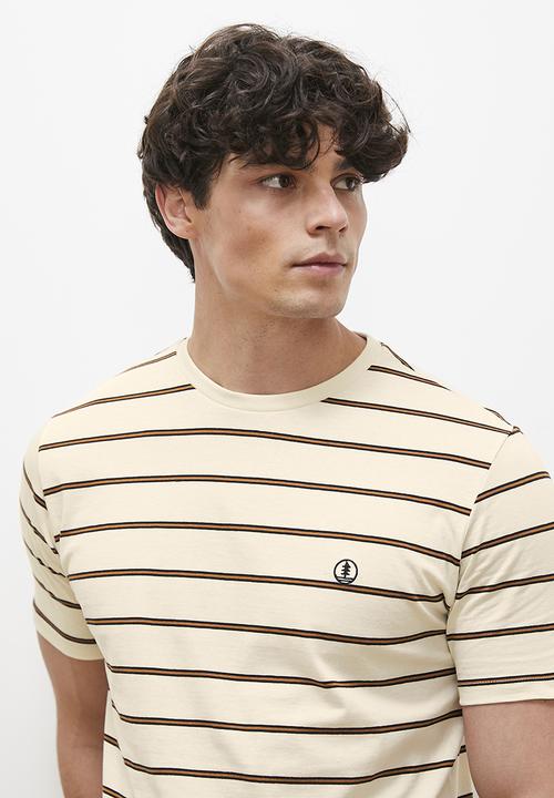 Lark & Crosse - Loius stripe crew tee - ecru & brown