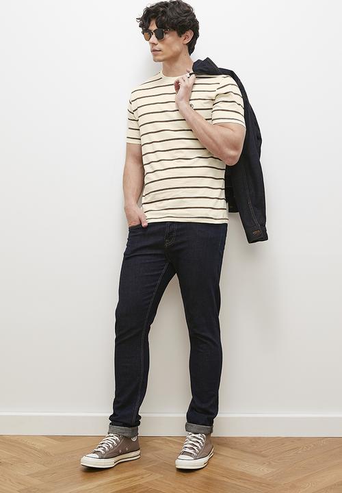 Lark & Crosse - Loius stripe crew tee - ecru & brown