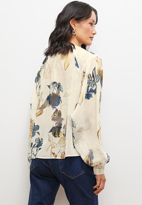 edit - Raglan keyhole detail balloon sleeve blouse - floral