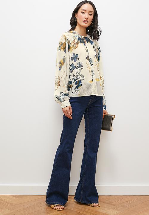edit - Raglan keyhole detail balloon sleeve blouse - floral