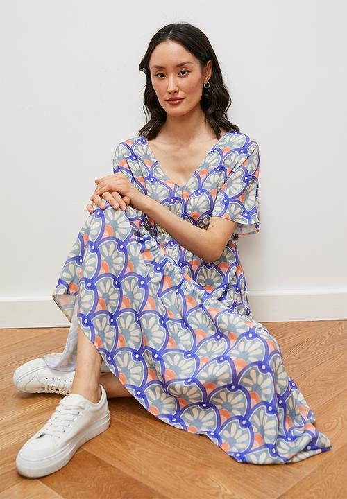 edit - Extended sleeve empire midi dress - blue mediterranean tile