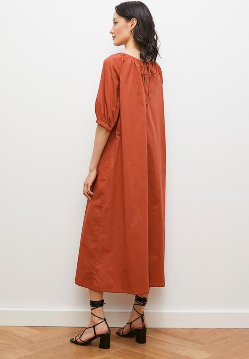 edit - Balloon sleeve trapeze midi dress - rust