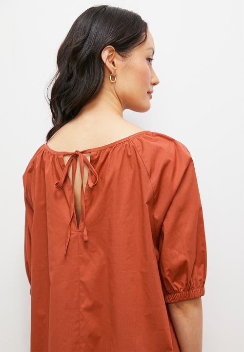 edit - Balloon sleeve trapeze midi dress - rust