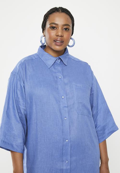 Me&B - Plus linen shirt dress - blue