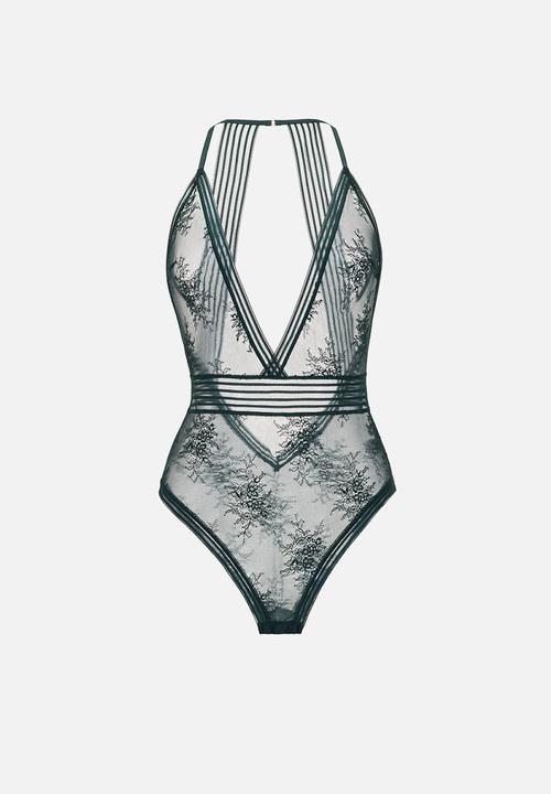 Janet Reger - Statement starlight deep v bodysuit - emerald