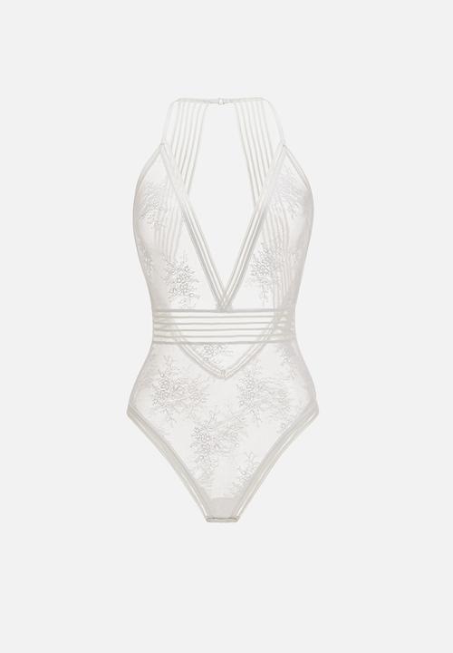 Janet Reger - Statement starlight deep v bodysuit - opal