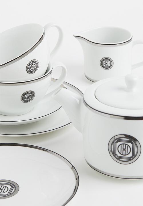 H&M - Porcelain cup and saucer - white / silver-coloured