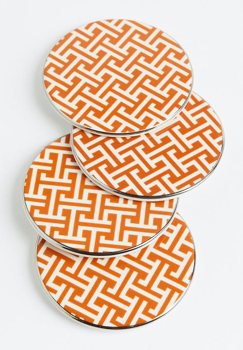 H&M - 4-Pack porcelain coasters - orange / patterned 