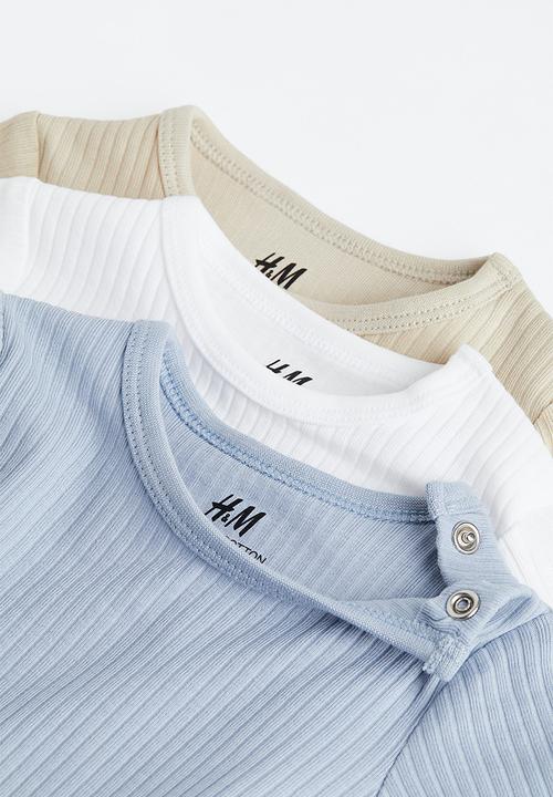 H&M - 3-pack ribbed bodysuits - beige, blue & white