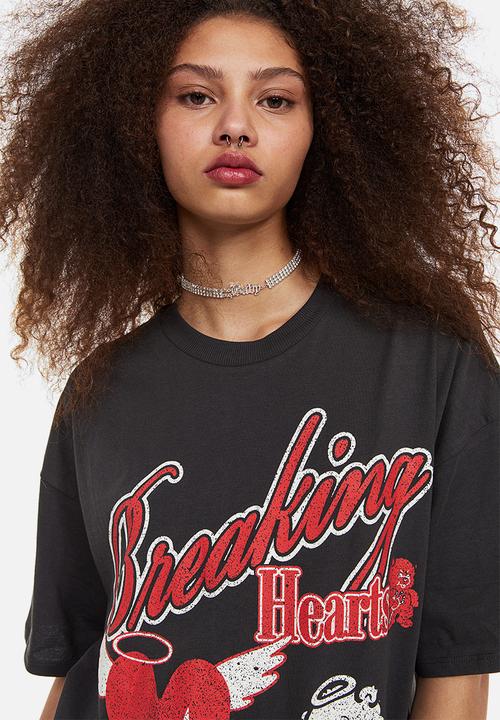 H&M - Oversized printed T-shirt - dark grey/hearts
