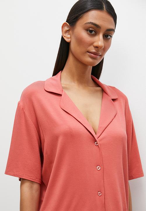 Superbalist - Viscose knit short sleeve button down short set - terracotta