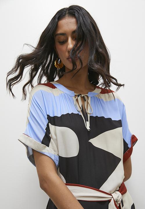 Superbalist - Relaxed notch front tunic dress with slit - tribal print
