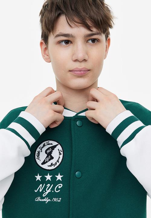 H&M - Appliquéd baseball jacket - dark green/block-coloured 