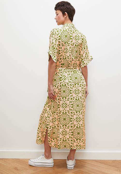 edit - Grown on sleeve button down midi dress- green ecru tile 