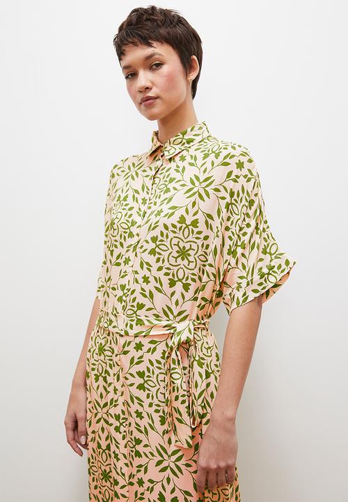 edit - Grown on sleeve button down midi dress- green ecru tile 