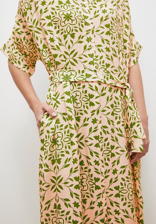edit - Grown on sleeve button down midi dress- green ecru tile 