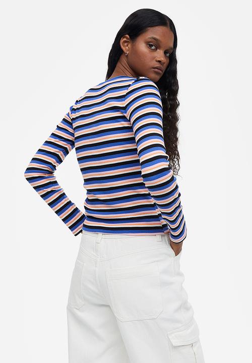 H&M - Sheer ribbed top - bright blue/pink/striped 