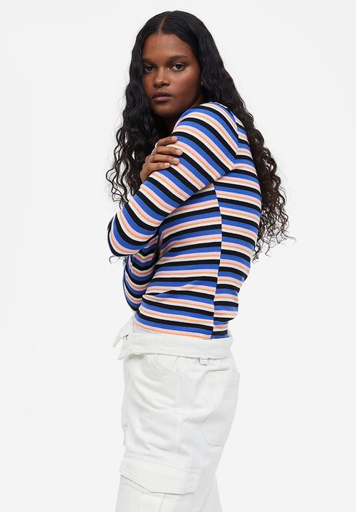 H&M - Sheer ribbed top - bright blue/pink/striped 