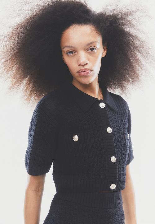 H&M - Collared rib-knit cardigan - black