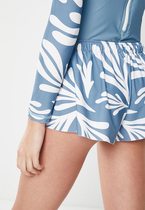Lizzy - Myracah elasticated lycra shorts - blue matisse leaf