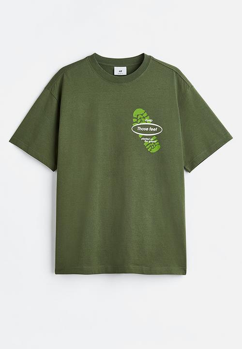 H&M - Relaxed fit printed T-shirt - khaki green/shoe print