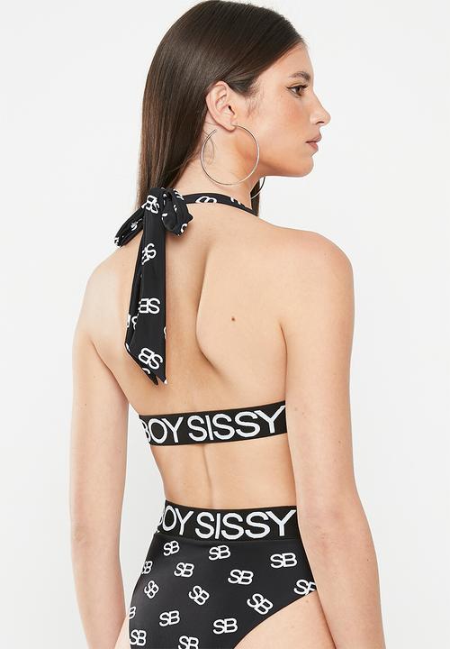 SISSY BOY - Dayna: all over branded bikini top - black / white