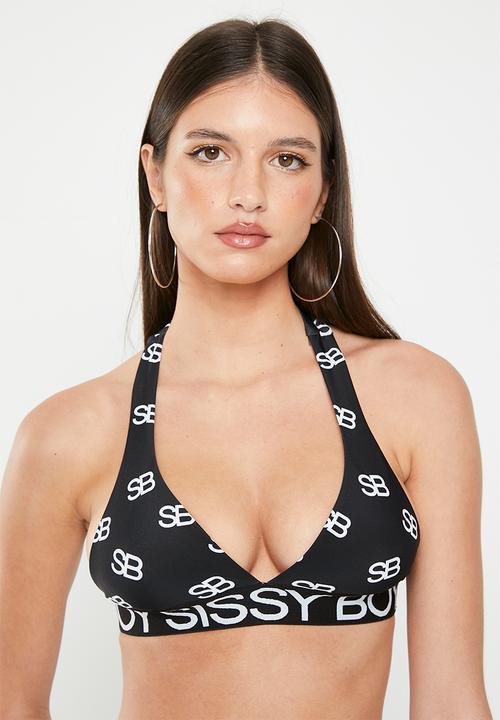 SISSY BOY - Dayna: all over branded bikini top - black / white
