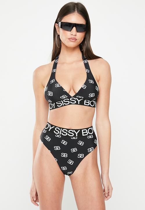 SISSY BOY - Dayna: all over branded bikini top - black / white