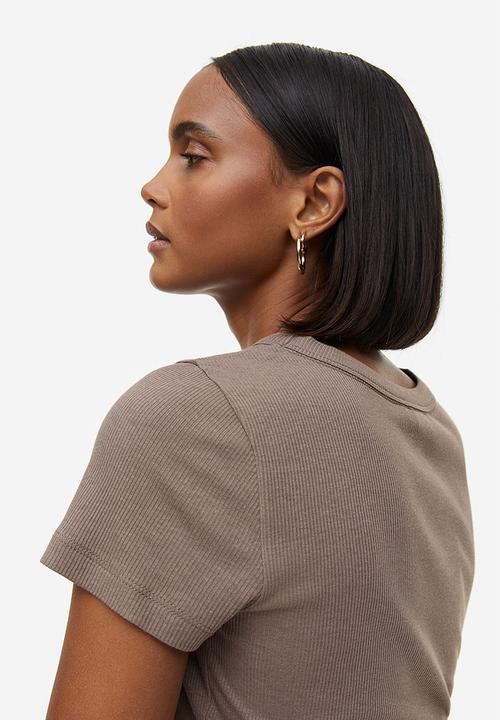 H&M - Ribbed modal-blend t-shirt - dark beige marl 