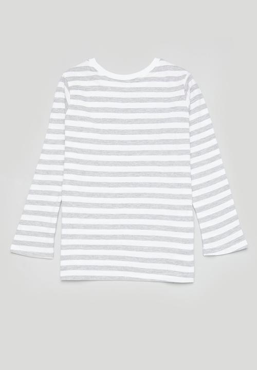 Pop Candy - 2 Pack stripe long sleeve tees - white & grey stripe 