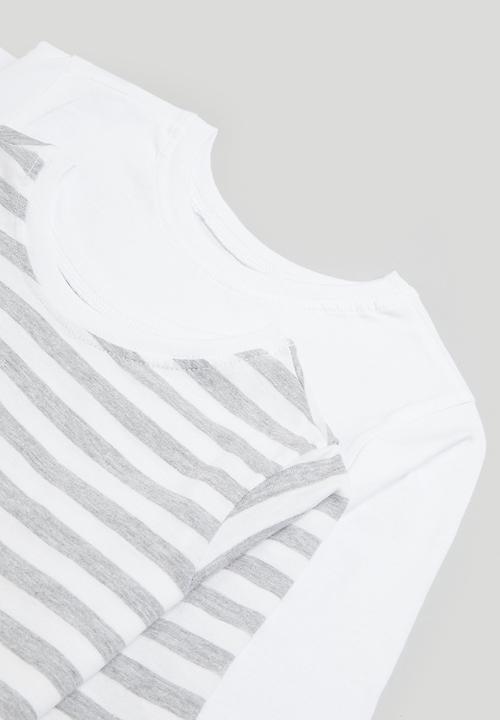 Pop Candy - 2 Pack stripe long sleeve tees - white & grey stripe 