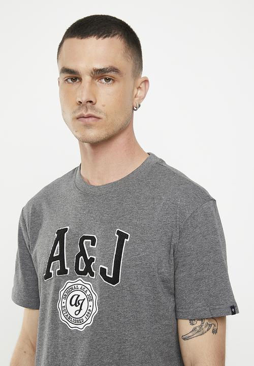 Aca Joe - Mens Aca Joe Towelling & Twill Applique Crew Tee - Charcoal Melange
