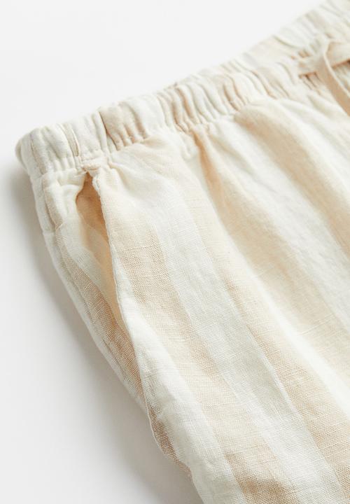 H&M - Wide linen-blend trousers - light beige/striped 