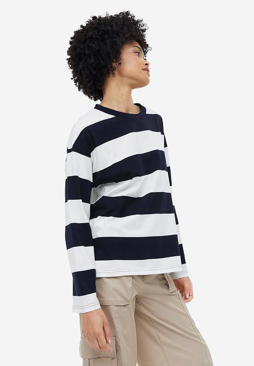 H&M - Oversized jersey top - white/navy blue striped 