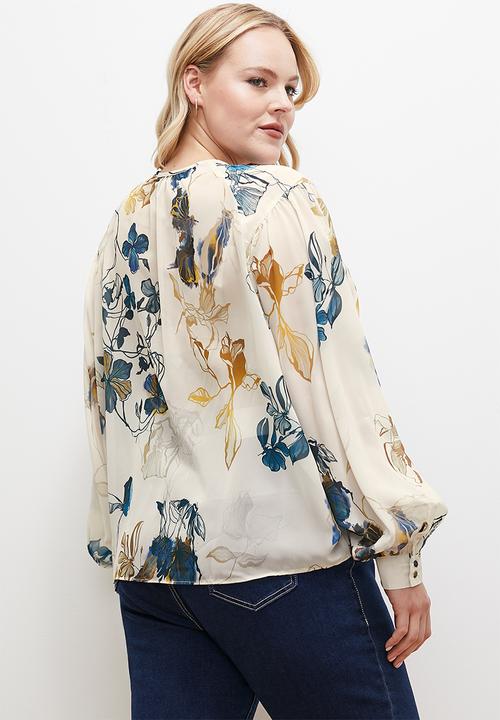 edit - Raglan keyhole balloon sleeve blouse - floral