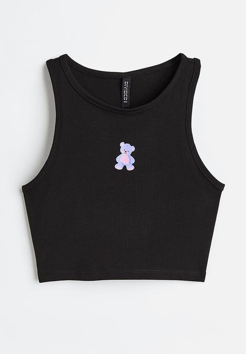 H&M - Cropped cotton vest top - black/teddy bear 