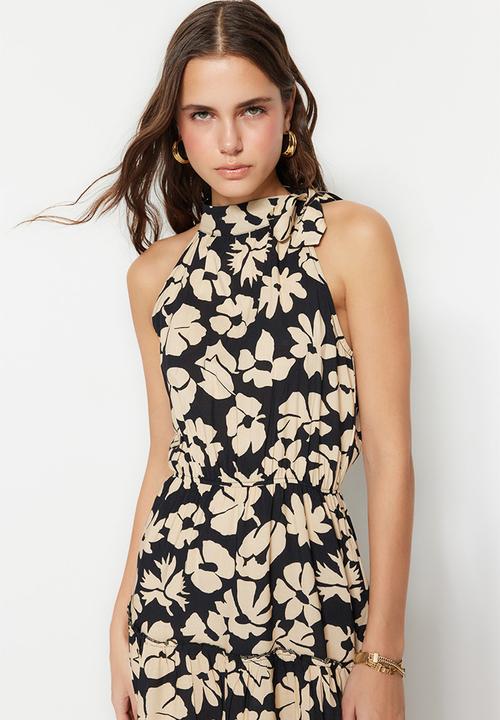 Trendyol - Floral halter tiered dress - black