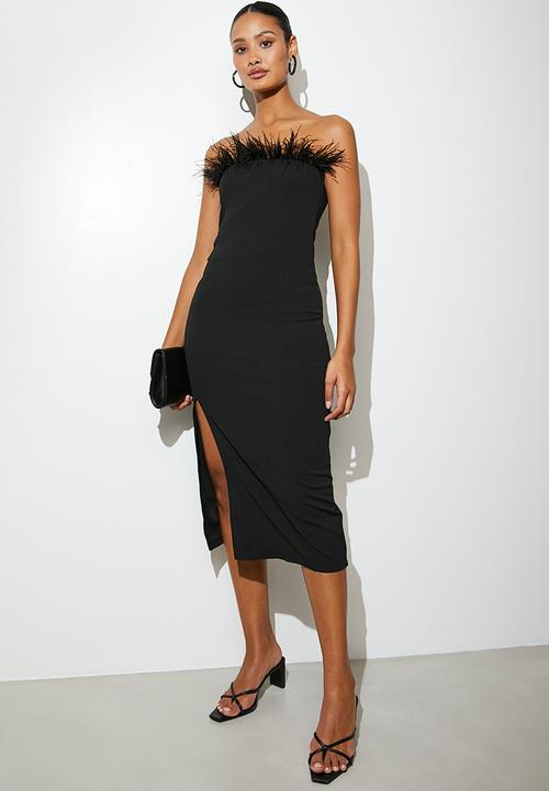 VELVET - Feather trim bandeau midi - black
