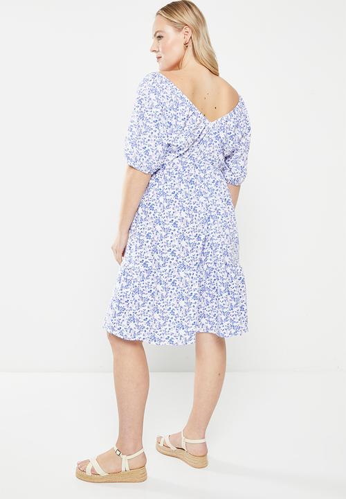 Trendyol - Plus floral balloon sleeve dress - blue