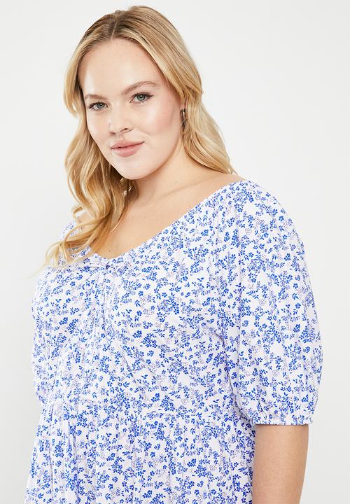 Trendyol - Plus floral balloon sleeve dress - blue