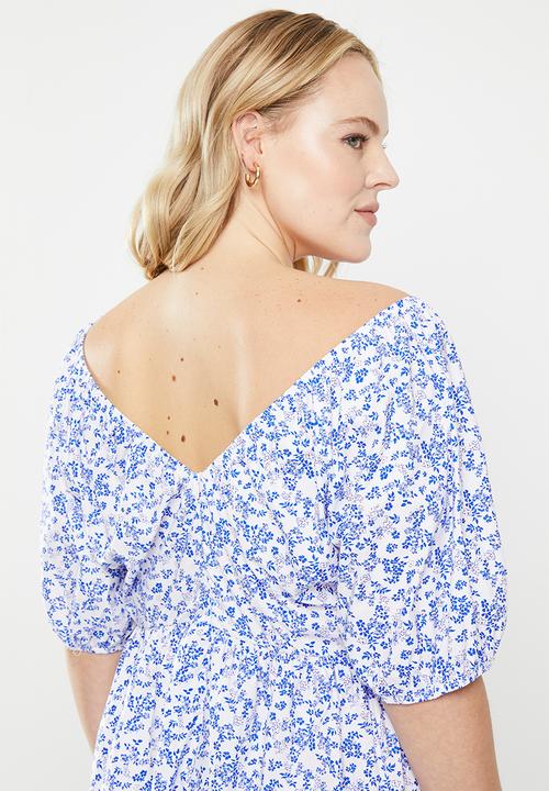 Trendyol - Plus floral balloon sleeve dress - blue