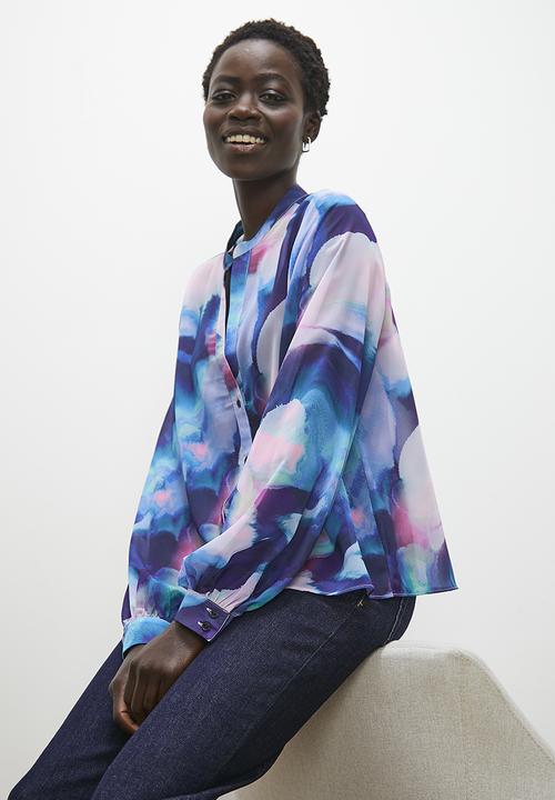 edit - Mandarin collar blouse - cloudy watercolour