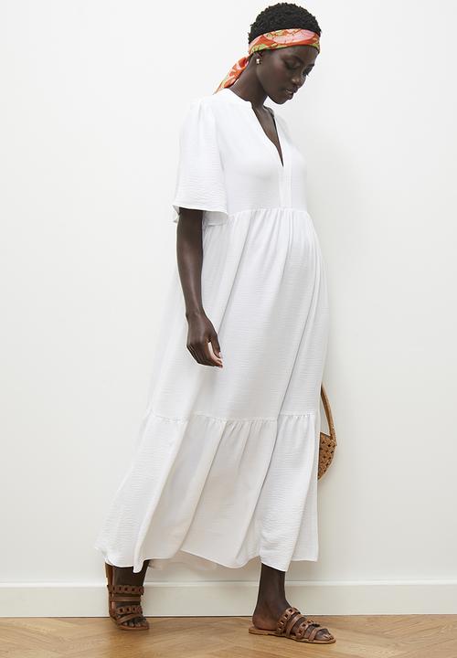 edit - Mandarin collar tiered maxi dress - ivory