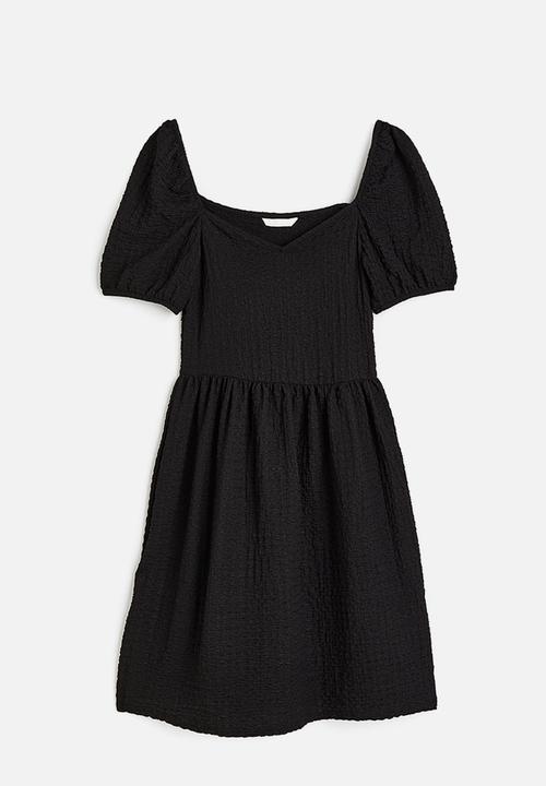 H&M - Puff-sleeved textured jersey dress - black
