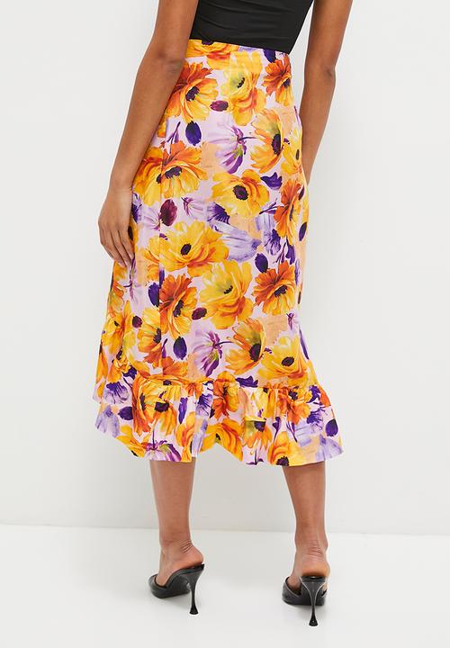 MILLA - Ruffle detail column skirt - orange floral