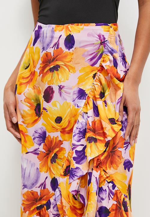 MILLA - Ruffle detail column skirt - orange floral