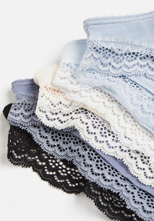 H&M - 5-pack lace-trimmed bikini briefs - beige ,black, blue, white