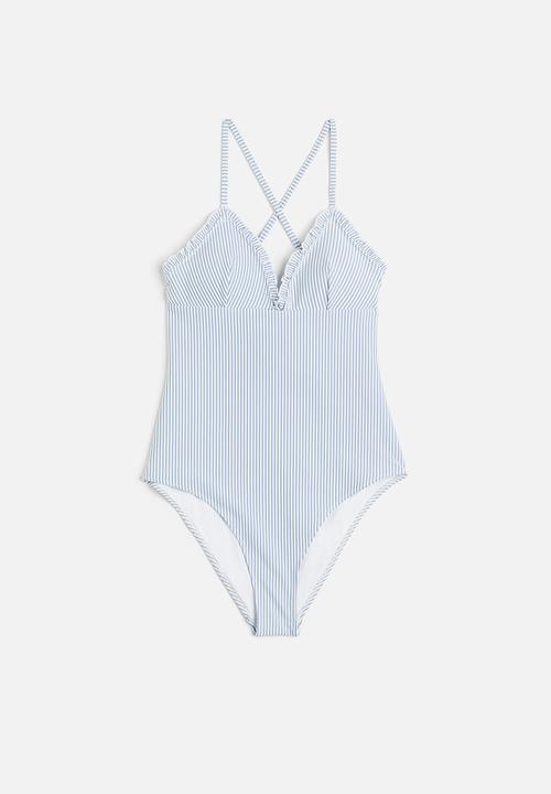 H&M - Padded-cup swimsuit - light blue & white striped